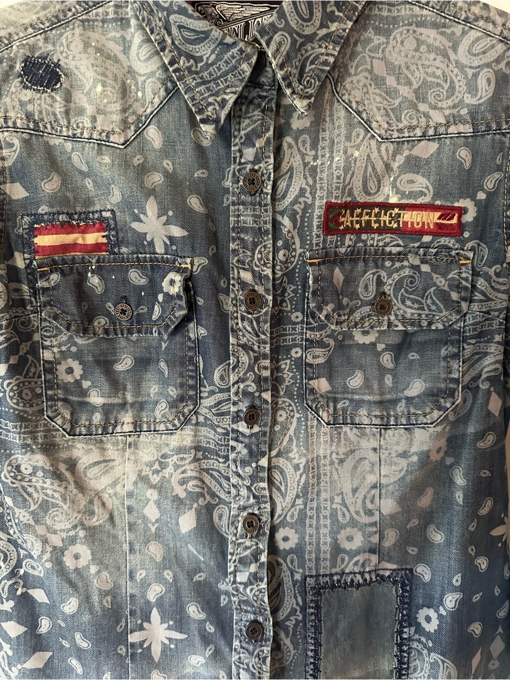 Affliction ACMC Paisley Denim Western Shirt USA Flag Patch Women’s Small - Picture 4 of 4
